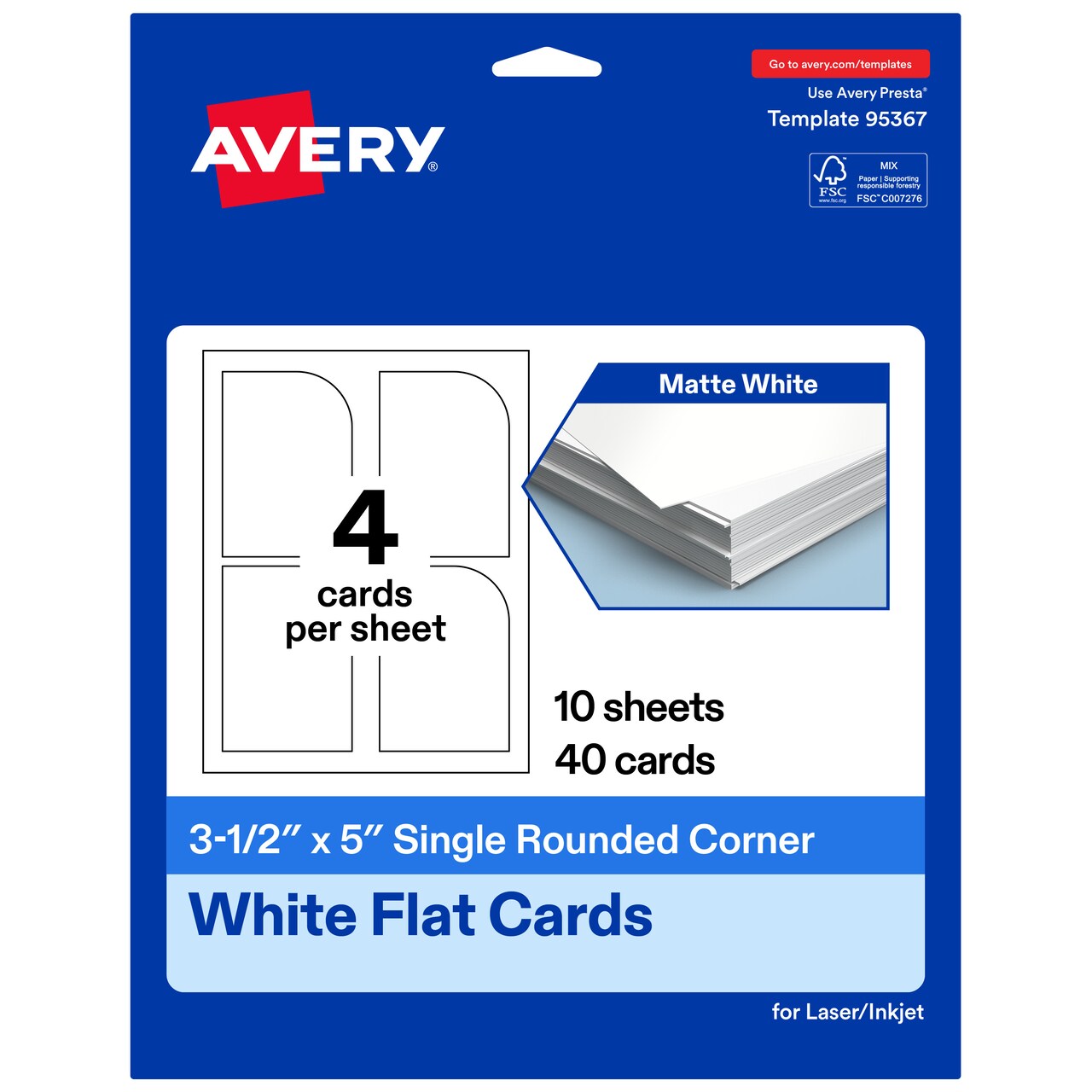 Avery Printable Single Rounded Corner Rectangle Flat Cards, 3-1/2" x 5", Matte White Cardstock, Print-to-The-Edge, Laser/Inkjet Printable, 40 Total, Great for Product Branding, Marketing, and More